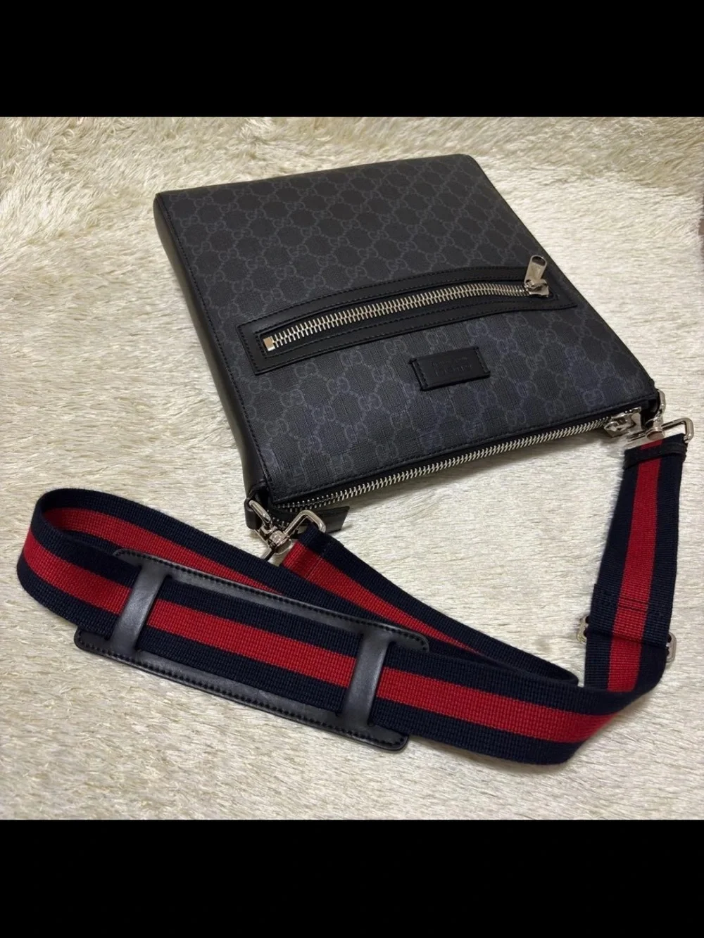 Gucci Black GG Supreme Messenger Bag with Navy & Red Web Strap